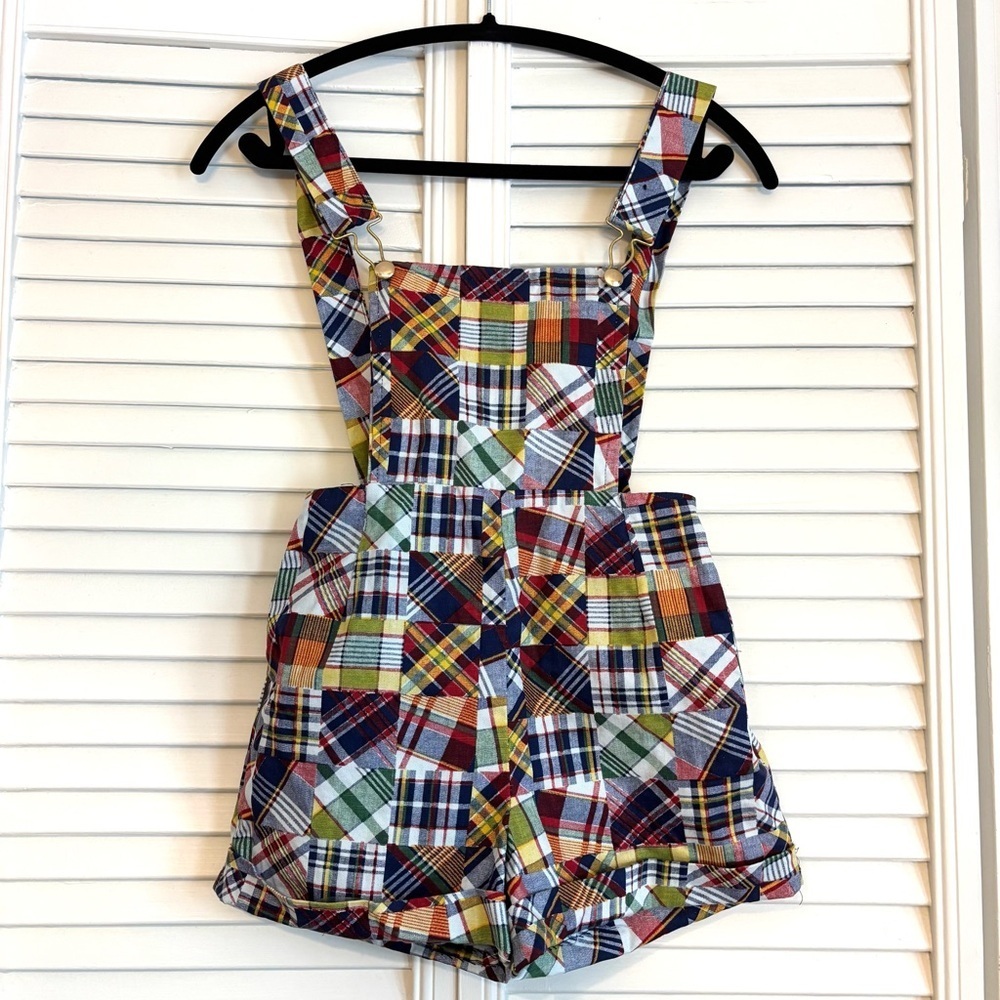 Vintage Children’s Patchwork Plaid Overalls Shortalls Romper Hand Made Sewn